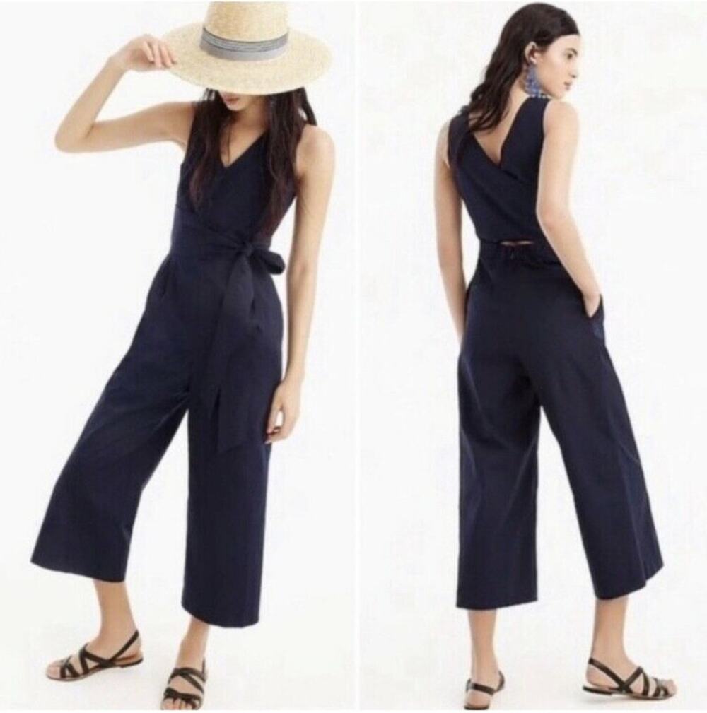 J. Crew Wrap-Tie Jumpsuit in Stretch Poplin Navy Blue H7683 Size 2